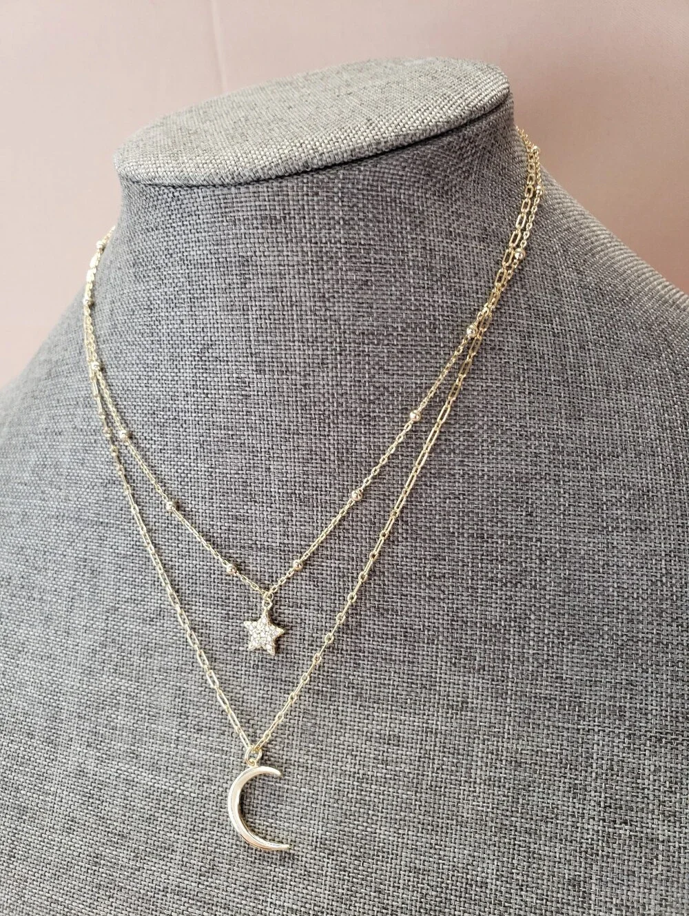 Sterling Silver Vermeil Double Strand Star with CZs and Crescent Moon Necklace